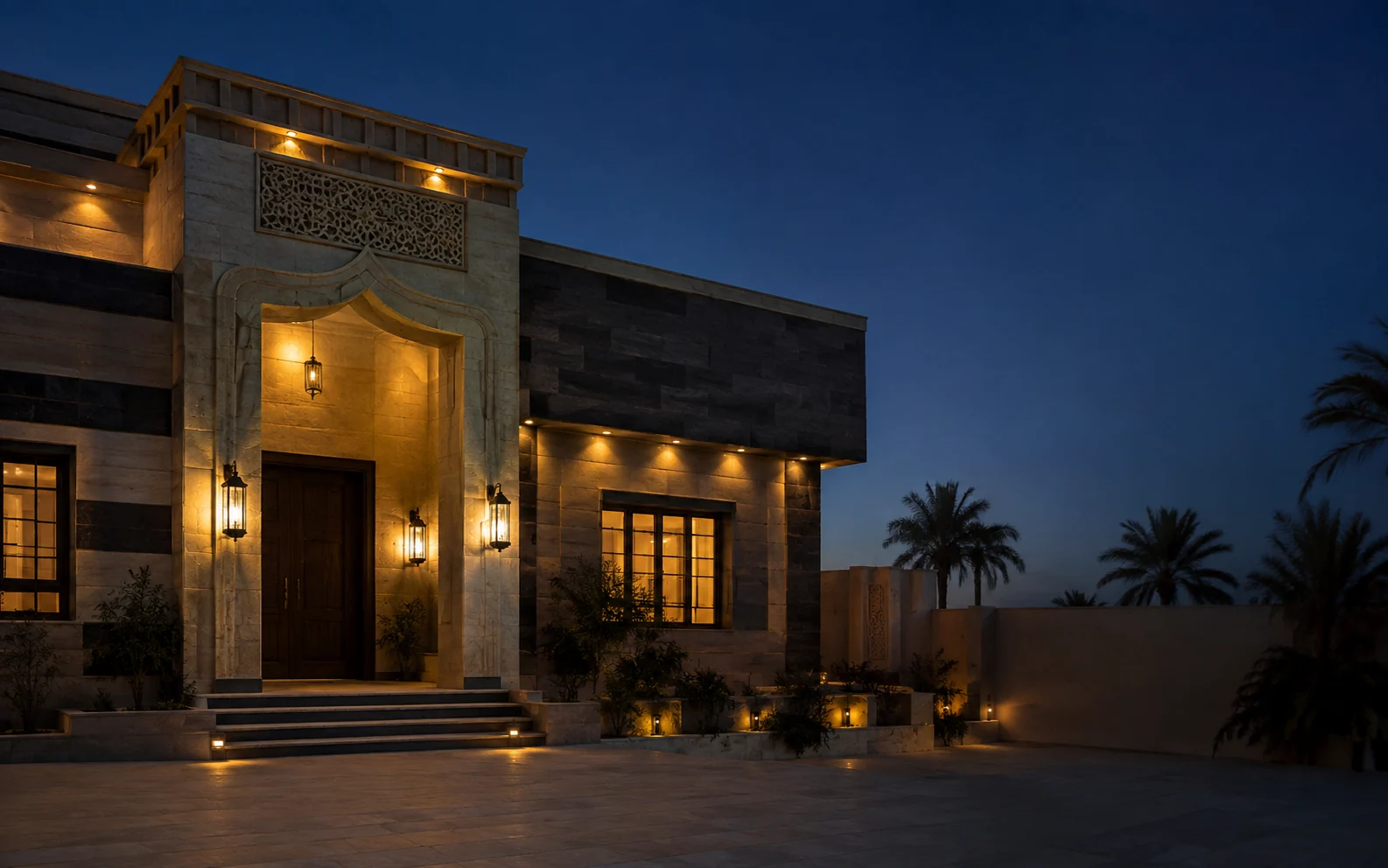 منزل عراقي حديث بإضاءة مسائية دافئة